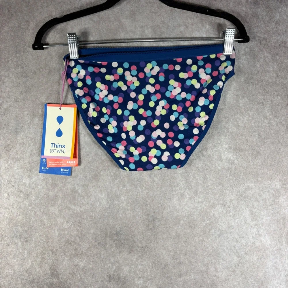 Thinx Period Underwear Girls 13-14 Blue Confetti Bikini Super Absorbency NEW